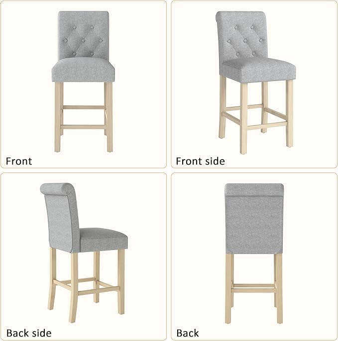 GOTMINSI 24" Bar Stools Set of 2 for Kitchen Island Upholstered Counter Height Bar Stools with Button Tufted Decoration Barstools Home Kitchen Island Wooden Bar Chairs Grey