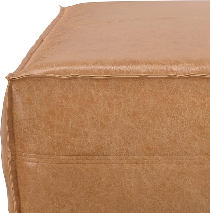 SIMPLIHOME Brody 36-inch Wide Extra Large Square Coffee Table Pouf in Distressed Brown Vegan Faux Leather, Boho-Style Ottoman, Footrest, or Extra Seating for Living Room, Assembled