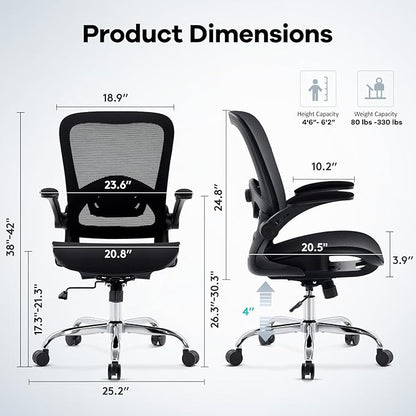 Office Chair Mesh Seat,Ergonomic Mesh Desk Chair with Adjustable Lumbar Support,Computer Chair with Flip-up Armrests, Rolling Executive Chairs, Home Office Chair(Black)