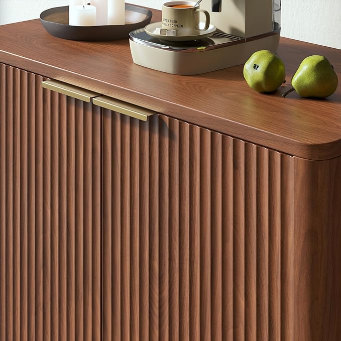 Evermagin 31.5" Walnut Buffet Cabinet with Storage, Small Sideboard Cabinet, Mid Century Modern Accent Credenza, Fluted Console Table with Doors for Dining Room, Kitchen, and Living Room
