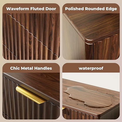 Modern Fluted 5 Drawer Tall Dresser, 48" H, Walnut, Curved Profile Design, Mid Century Wood Chest of Drawers for Bedroom, Living Room, Hallway