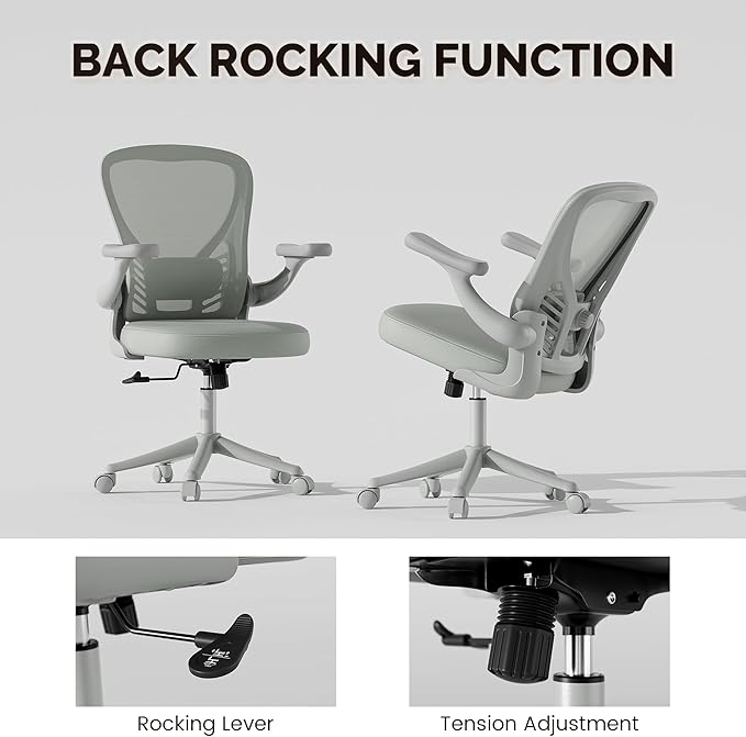 Computer Desk Chair with Wheels, Mesh Office Chair with Flip Up Arms, Adjustable Lumbar Support, Swivel Desk Chair Comfy, All Grey