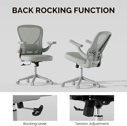 Computer Desk Chair with Wheels, Mesh Office Chair with Flip Up Arms, Adjustable Lumbar Support, Swivel Desk Chair Comfy, All Grey