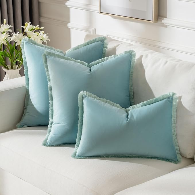 FUTEI Aqua Velvet Decorative Throw Pillow Covers 16x16 Set of 2,Soft Cozy Edge with Tassels Cushion Case,Boho Modern Home Decor for Couch Bed Living Room