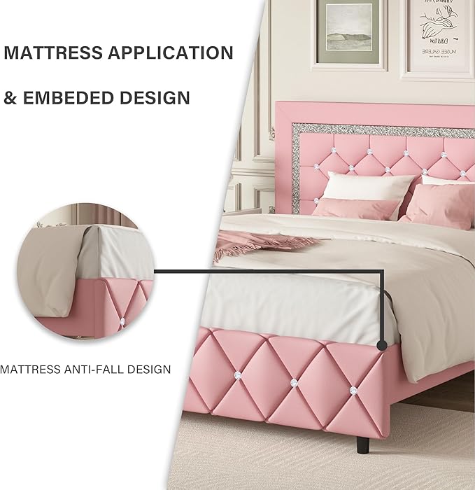 BarnFurin Twin Bed Frame with Headboard, Faux Leather Upholstered Bed with Diamond Tufted Design, Princess Twin Bed Frames for Kids, No Box Spring Required, Easy Assembly, Pink