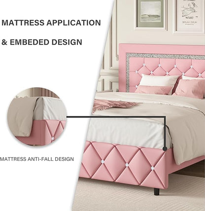 BarnFurin Twin Bed Frame with Headboard, Faux Leather Upholstered Bed with Diamond Tufted Design, Princess Twin Bed Frames for Kids, No Box Spring Required, Easy Assembly, Pink