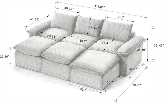 113.03" Sectional Couches for Living Room Modern Modular Sofa Couchs Upholstered Corduroy Boneless Couch Deep Seat Cloud Couch with Ottoman, No Assembly Required, White