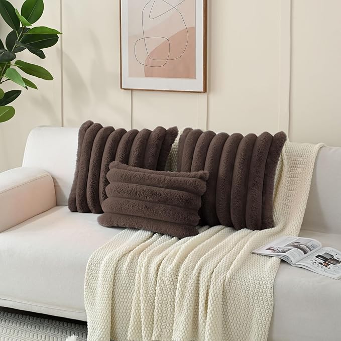 FUTEI Dark Coffee Decorative Throw Pillow Covers 26x26 Inch Set of 2, Square Soft Faux Rabbit Fur Big Striped Pillow Sham,Home Decor for Couch Sofa Bed Living Room
