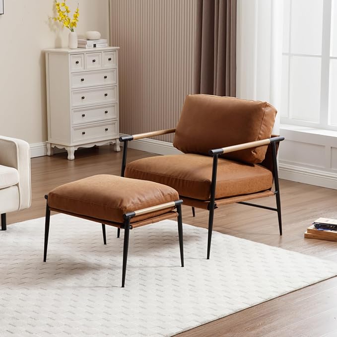 DUOMAY Mid Century Modern Accent Chair with Ottoman Set, PU Brown Upholstered Living Room Chair with Metal Legs Lazy Lounge Chair Set with Footrest for Bedroom Living Room
