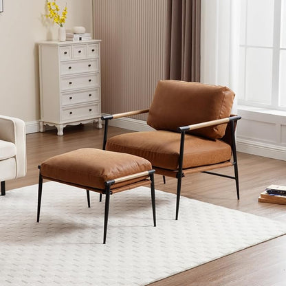 DUOMAY Mid Century Modern Accent Chair with Ottoman Set, PU Brown Upholstered Living Room Chair with Metal Legs Lazy Lounge Chair Set with Footrest for Bedroom Living Room