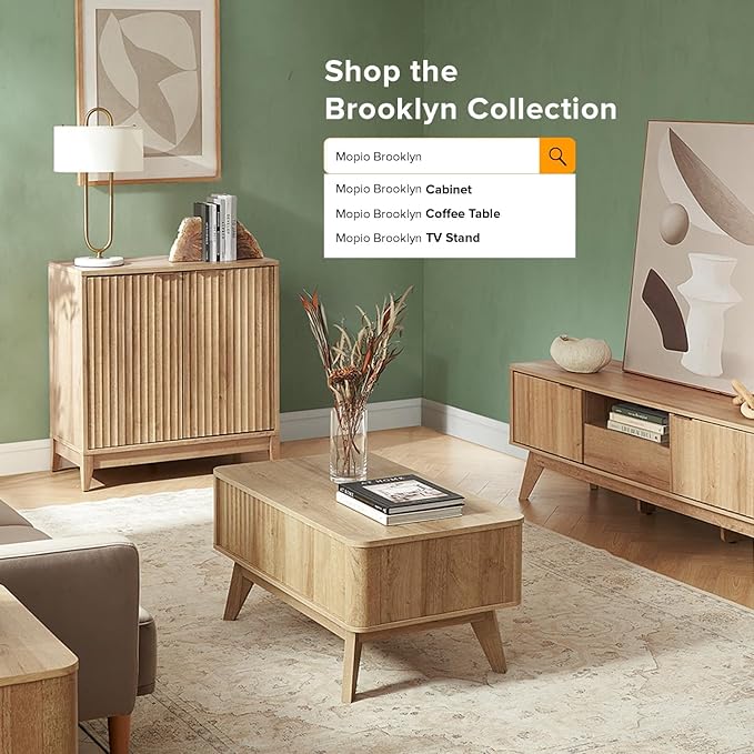 mopio Brooklyn Storage Cabinet, Modern Farmhouse Entryway Accent Cabinet, Buffet Sideboard, Credenza, Wood Modular Cabinet with Doors & Shelf, Fluted Panel (Oak Wave Fluted Cabinet, Set of 3)