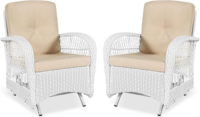 VIVIJASON 2-Piece Outdoor White Wicker Glider Rocking Chair, Patio Rattan Swing Glider Chairs with Cushions & Steel Frame, All-Weather Gliding Lawn Wicker Furniture for Garden Backyard Porch, Beige