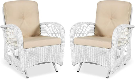 VIVIJASON 2-Piece Outdoor White Wicker Glider Rocking Chair, Patio Rattan Swing Glider Chairs with Cushions & Steel Frame, All-Weather Gliding Lawn Wicker Furniture for Garden Backyard Porch, Beige