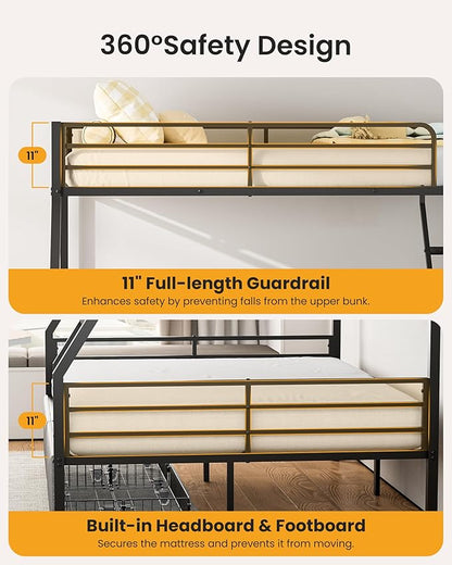 Bunk Beds Twin Over Full Size, Heavy Duty Bunk Beds with 2 Storage Drawers, Safety Guardrails & Padded Ladder, Twin Over Full Bunk Bed, No Box Spring Needed, Black