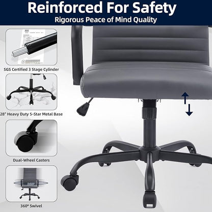 Office Chair, Ergonomic Executive Conference Room Chairs, Ribbed Leather Desk Chair with Lumbar Support, Adjustable Height Mid-Back Swivel Chair with Padded Seat