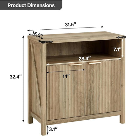 Buffet Cabinet with Storage - Modern Farmhouse Rustic 32 Fluted Sideboard Storage Cabinet Buffet with Adjustable Shelves, Coffee Wine Bar Organizer for Dining Room (Sunwashed Ash Oak)