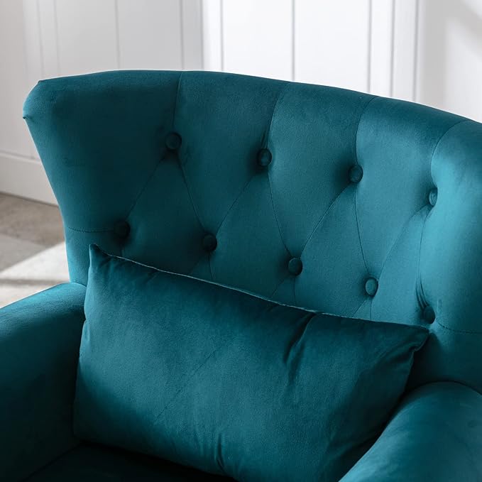 Mid Century Modern Accent Chair Upholstered Armchair Comfy Velvet Tufted Wingback Single Sofa with Ottoman for Bedroom Living Room, Teal