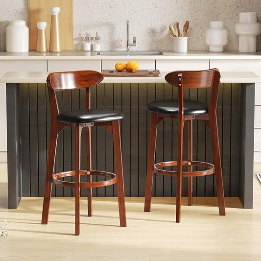 COSTWAY Bar Stool Set of 2, 30.5'' Bar Height Barstools w/Curved Backrest, Faux Leather Cushion & Rubber Wood Frame, Mid Century Modern Island Chairs for Kitchen Bar Cafe, Walnut