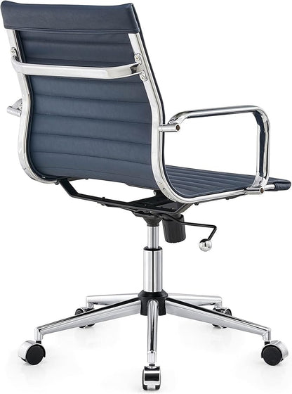 Office Desk Chair,Modern Conference Room Task Chairs,Leather Computer Swivel Excutive Ribbed Ergonomic Rolling Chair for Home Office Desk Chair （Navy）