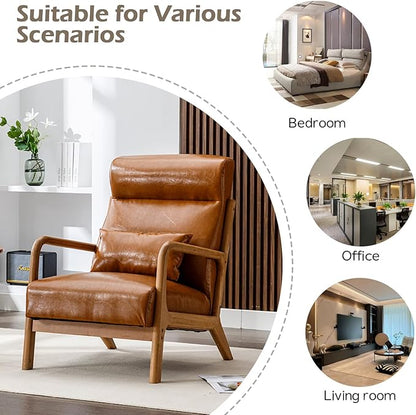INZOY Mid Century Modern Accent Chair with High Back, PU Leather Reading Armchair with Waist Cushion, Upholstered Wood Frame Living Room Chairs for Bedroom Sunroom, Camel