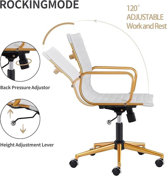 COROCC Office Desk Chair Modern Conference Room Task Chairs Leather Computer Swivel Excutive Ribbed Ergonomic Rolling Chair for Bed Room White and Gold Chair