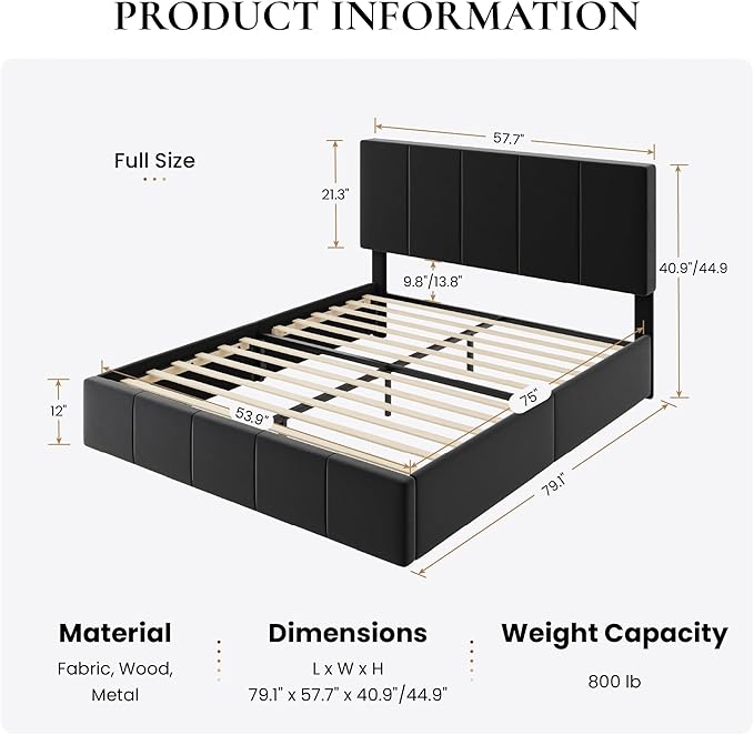 SHA CERLIN Full Size Bed Frame, Velvet Upholstered Platform Bed, Vertical Channel Tufted Adjustable Headboard, Low Profile Bed Frame, No Box Spring Needed, Easy Assembly, Black
