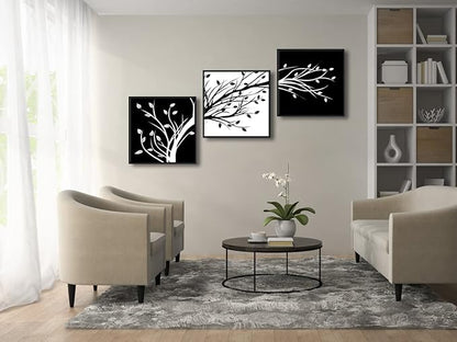 Wieco Art Black Framed Leaves Modern 3 Panels Flowers Artwork Black and White Abstract Floral Trees Canvas Prints Wall Art for Living Room Home Decorations