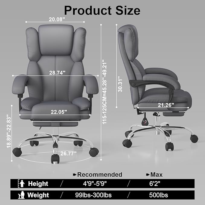 Big and Tall Office Chair, Executive Home Office Desk Chair, Leather Computer Chair with Retractable Footrest, Adjustable Headrest and Reclining Height, Padded Arms, 360°Swivel Free, Wide Seat, Gray