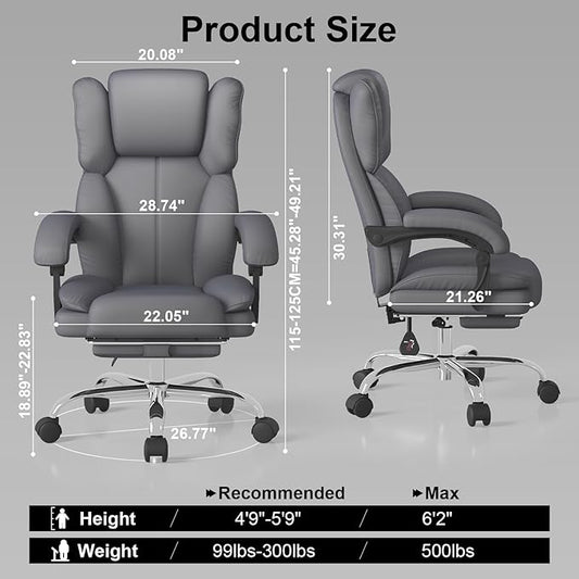 Big and Tall Office Chair, Executive Home Office Desk Chair, Leather Computer Chair with Retractable Footrest, Adjustable Headrest and Reclining Height, Padded Arms, 360°Swivel Free, Wide Seat, Gray