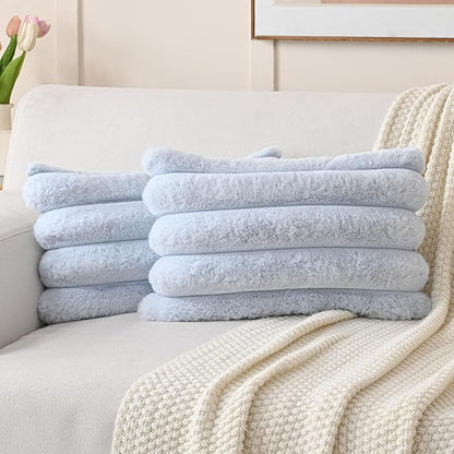 FUTEI Light Blue Decorative Throw Pillow Covers 12x20 Inch Set of 2, Square Soft Faux Rabbit Fur Thick Striped Lumbar Pillow Case,Winter Home Decor for Couch Bed Living Room
