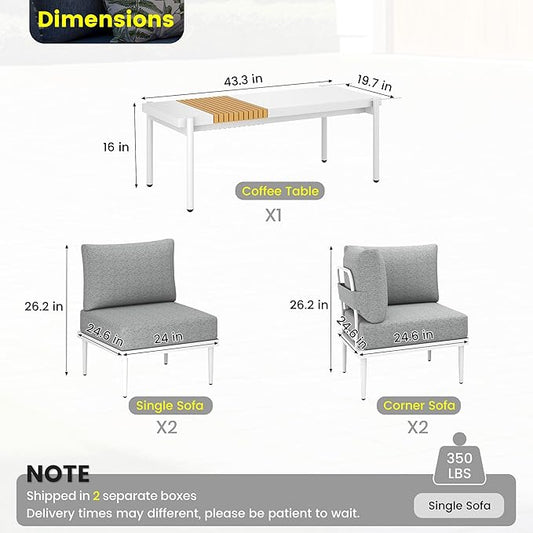 Sundale Outdoor 5 Pieces Metal Patio Furniture Set, Outdoor Sectional Sofa w/6 Inch Olefin Cushion and Coffee Table, Modern Outdoor Conversation Sets (4 Seats, White Frame)