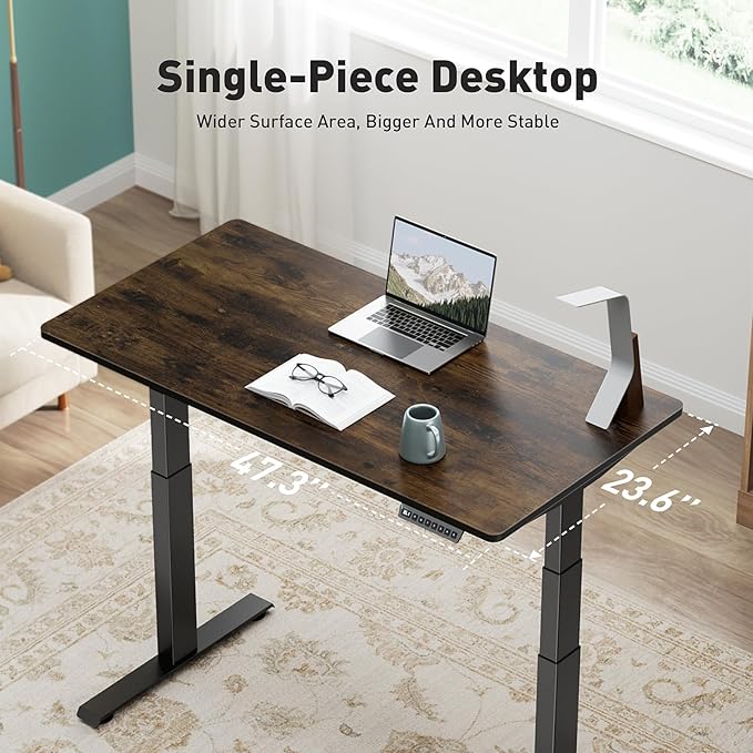 3 Stages Dual Motor Electric Standing Desk with One Piece Desktop, 48 x 24 Inch Adjustable Height Sit to Stand Up Desk for Home Office, Work & Study, White Frame & Brown Desktop (2 Packages)