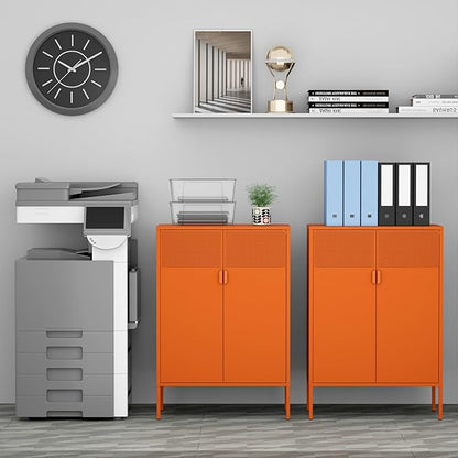 Orange 3 Tier Metal Storage Cabinet with Legs, 2 Door Metal Locker Style Accent Storage Cabinet with 2 Adjustable Shelves for Home, Office, Entryway and Hallway