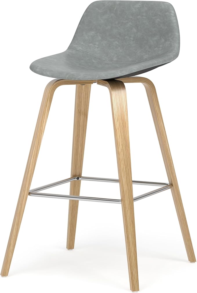 SIMPLIHOME Randolph Counter Stools (Set of 2) - 28 Inch Seat Height Upholstered Bentwood Kitchen Seats in Stone Grey PU Faux Leather, Mid Century Modern Seating with Curved Backrest and Footrest