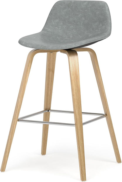 SIMPLIHOME Randolph Counter Stools (Set of 2) - 28 Inch Seat Height Upholstered Bentwood Kitchen Seats in Stone Grey PU Faux Leather, Mid Century Modern Seating with Curved Backrest and Footrest