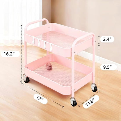 2 Tier Rolling Cart Metal with Wheels Under Desk Storage Cart for Small Space Organization, Small Trolley for Pantry Room Laundry Bathroom Kitchen Office Art Snack Baby Supplies, Pink