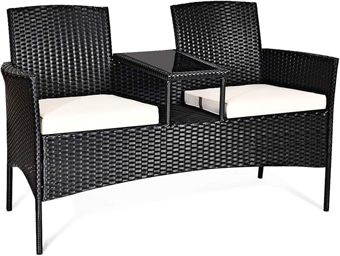 COSTWAY 2-Seat Patio Conversation Sets, Outdoor Patio Loveseat Set with Removable Cushions & Built-in Coffee Table for Backyard, Garden, Lawn, Balcony, Black+Beige