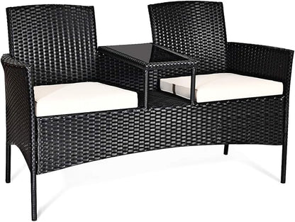 COSTWAY 2-Seat Patio Conversation Sets, Outdoor Patio Loveseat Set with Removable Cushions & Built-in Coffee Table for Backyard, Garden, Lawn, Balcony, Black+Beige