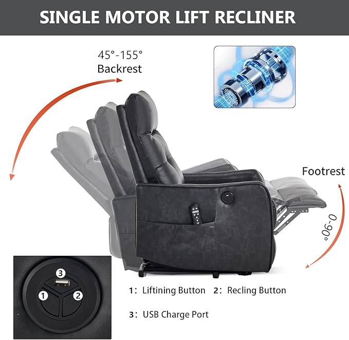 PELUMY Manual Lift Recliner Chair with Massage and Heat for Elderly, Single Motor Electric Lift Chair, Heavy Duty Recliner with USB Charging & Side Pockets (Breathable Leather, Grey)