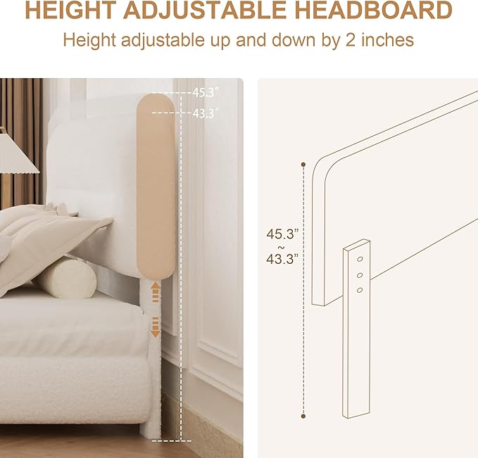 Queen Size Cloud Bed Frame, Upholstered Boucle Platform Bed with Adjustable Headboard, Anti-Collision Soft Rounded Corners, Noise Free, Easy Assembly, White
