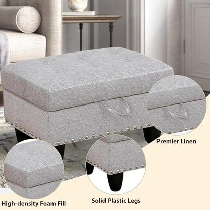 Linen Fabric Storage Ottoman with Nailhead Trim, 28.5"X19.5"X17.5" Footrest Stool, Hidden Storage Foot Stool for Living Room, Bedroom Furniture, Light Gray