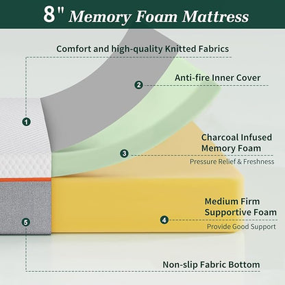 VECELO Charcoal Infused Memory Foam King Mattress 8 Inch, Medium Firm King Size Bed Mattress with Washable Cover for King Bed Frame, Pressure Relieve, Fresh Cooling Comfort
