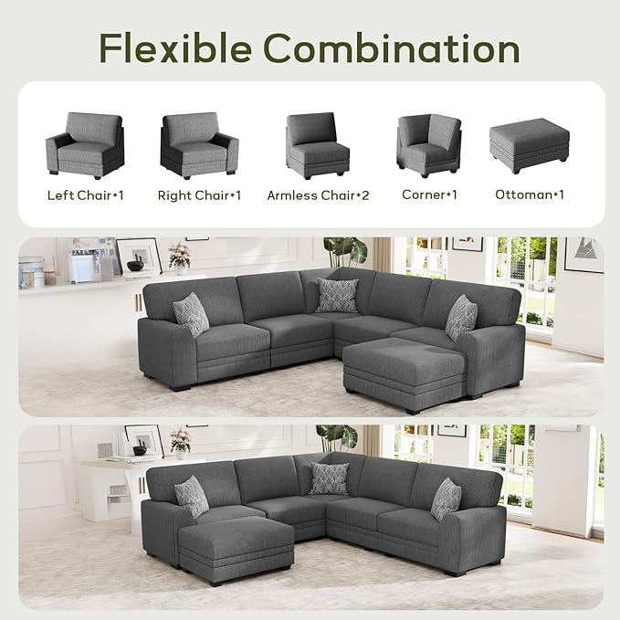 Wanderwell Oversized Modular Sectional Sofa, 6-Seater U Shaped Couches with Movable Ottoman,Corduroy Sectional Couch with Wide and Deep Seats Suitable for Living Room,Bedroom,Apartment (Grey, L-6)