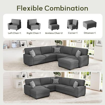 Wanderwell Oversized Modular Sectional Sofa, 6-Seater U Shaped Couches with Movable Ottoman,Corduroy Sectional Couch with Wide and Deep Seats Suitable for Living Room,Bedroom,Apartment (Grey, L-6)