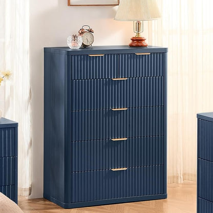 LEYAOYAO Fluted 6 Drawers Dresser for Bedroom, 42" Tall Modern Chest of Drawers with Metal Handle, Curved Profile Design,Navy Blue Wood Drawer Organizer for Bedroom, Living Room, Hallway, Entryway