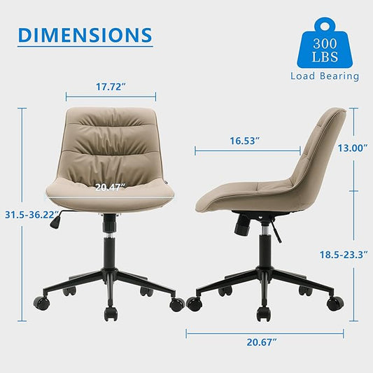 Rowill Leather Office Chair, Ergonomic Armless Desk Chair with Waterproof Cushion & Slient Wheels & SGS-Certified Class 3 Explosion-Proof Gas Lift, Ideal for Home Office, Study and Vanity(Khaki)