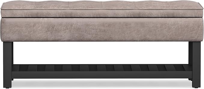 SIMPLIHOME Cosmopolitan 44 inch Wide Transitional Rectangle Storage Ottoman Bench with Open Bottom in Distressed Grey Taupe Vegan Faux Leather, Assembled for the Living Room and Bedroom