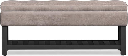 SIMPLIHOME Cosmopolitan 44 inch Wide Transitional Rectangle Storage Ottoman Bench with Open Bottom in Distressed Grey Taupe Vegan Faux Leather, Assembled for the Living Room and Bedroom