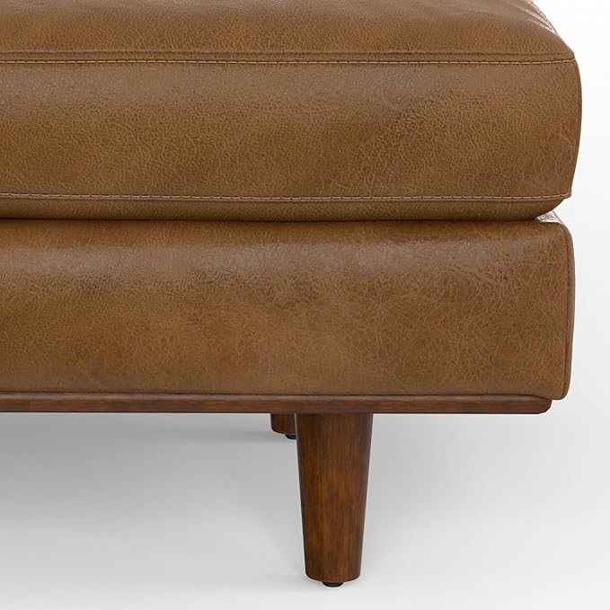 SIMPLIHOME Morrison 49 inch Wide Large Rectangular Ottoman in Caramel Brown Genuine Leather, Multifunctional Footrest, Coffee Table, and Extra Seating for Living Room, Mid-Century Modern Style