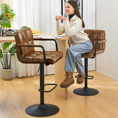 Furniliving Swivel Bar Stools Set of 4, Adjustable Kitchen Counter Height BarStools with Arms, PU Leather Upholstered Bar Chair with Back and Footrest for Dining Room, Kitchen, Pub, Bar (Yellowbrown)